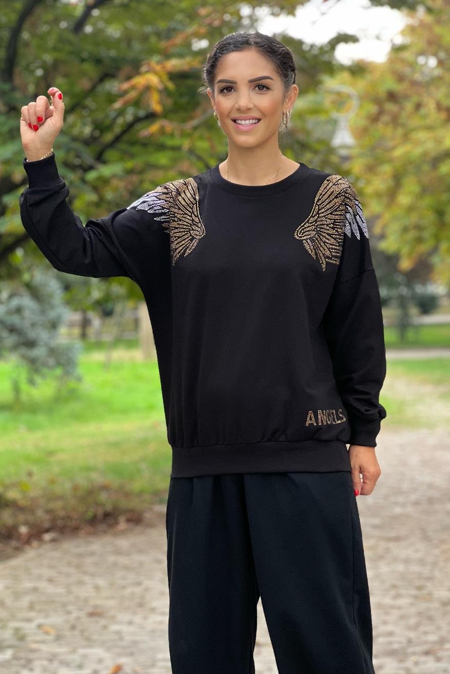 Siyah Angel Taşlı Sweatshirt