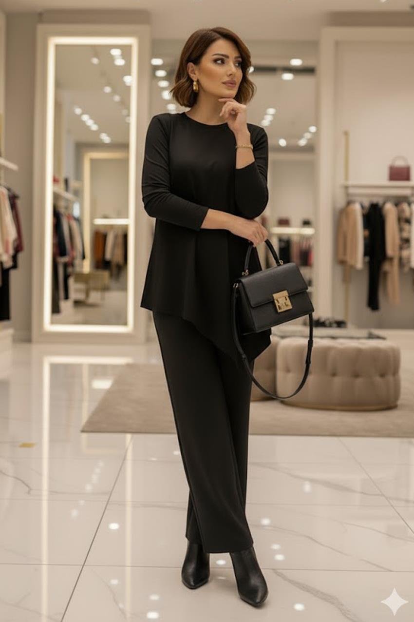 Siyah Asimetrik Kesim Modal Kumaş Takım