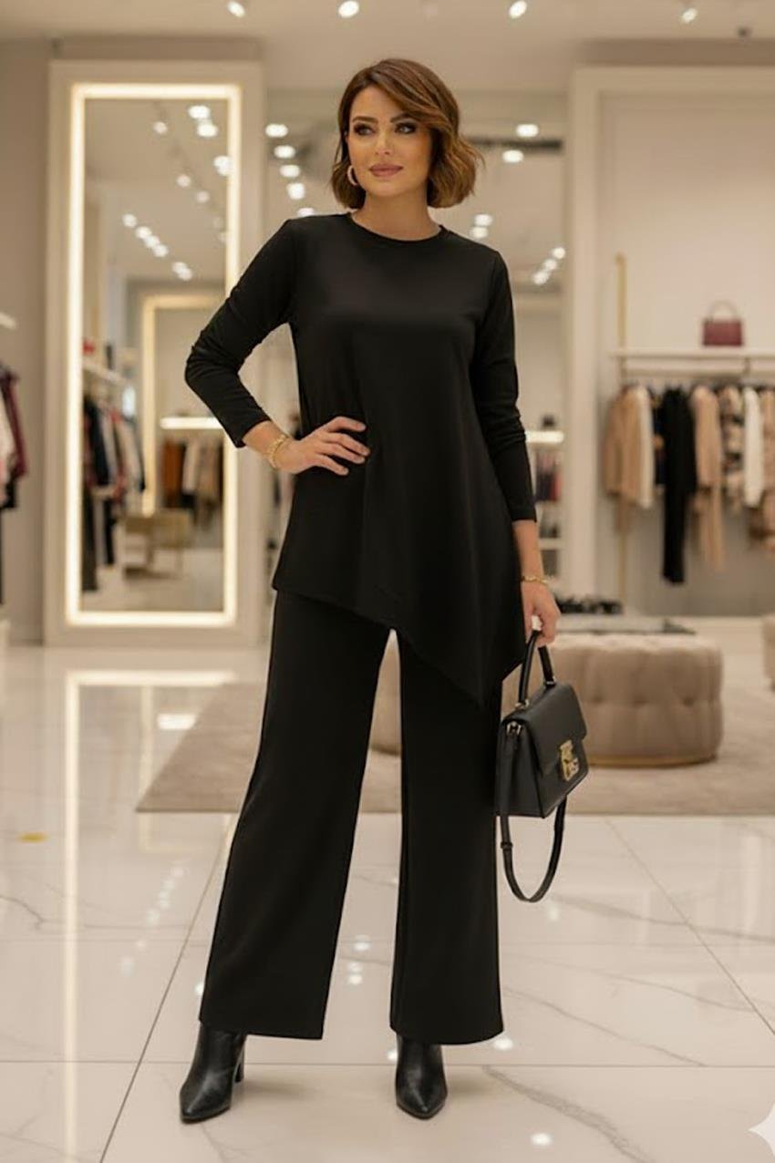 Siyah Asimetrik Kesim Modal Kumaş Takım