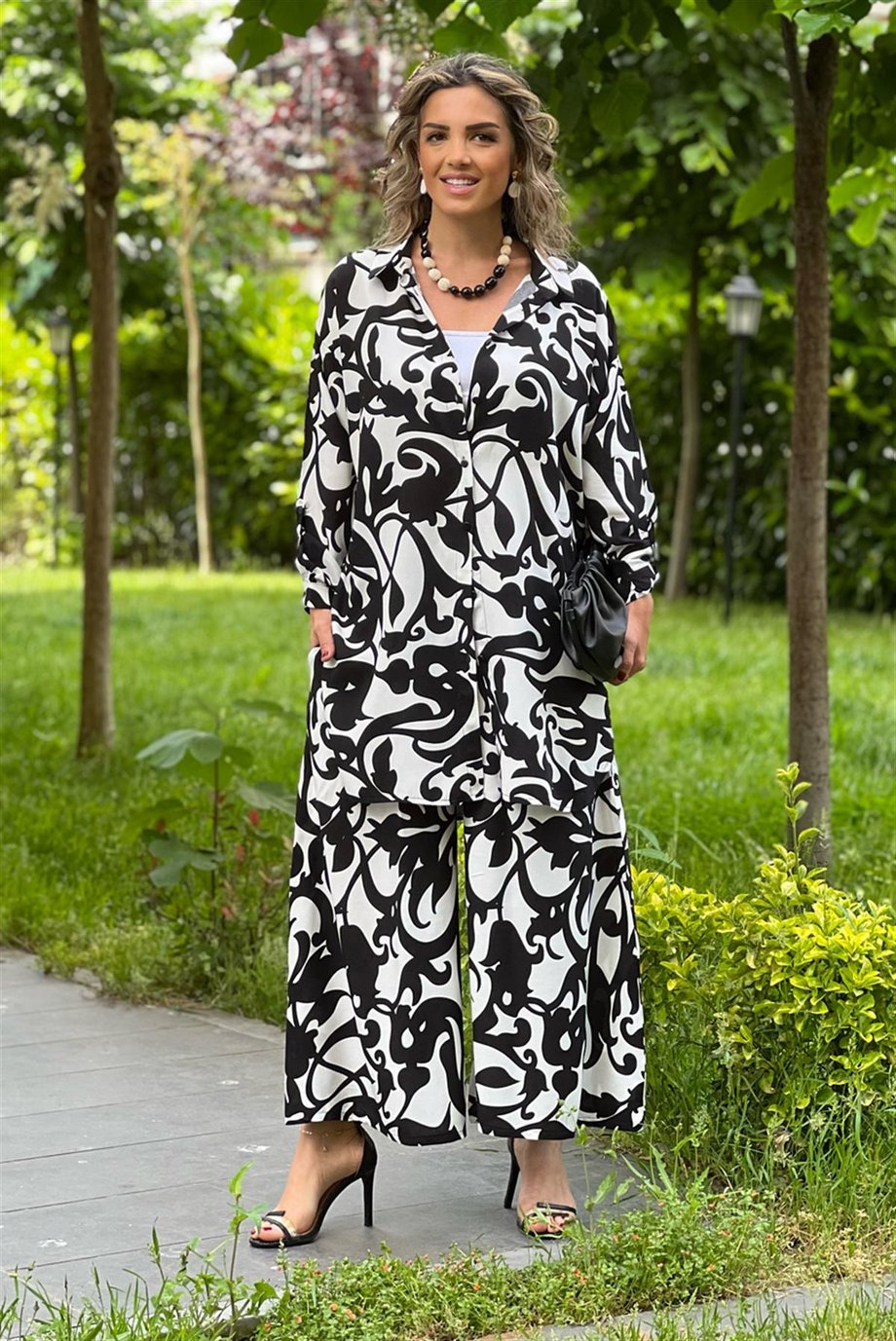 Siyah Bahama Desenli Pantolon Gömlek İkili Takım
