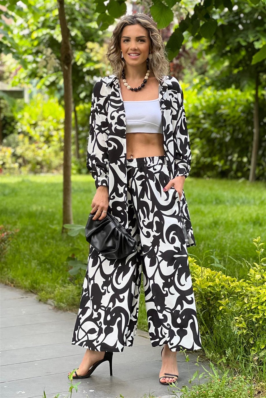 Siyah Bahama Desenli Pantolon Gömlek İkili Takım