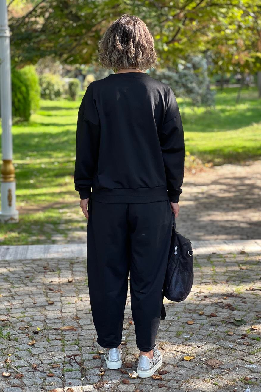 Siyah Basic Eşofman Takım - Bisiklet Yaka