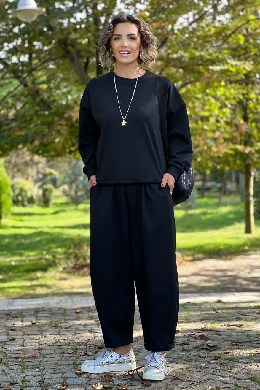 Siyah Basic Eşofman Takım - Bisiklet Yaka