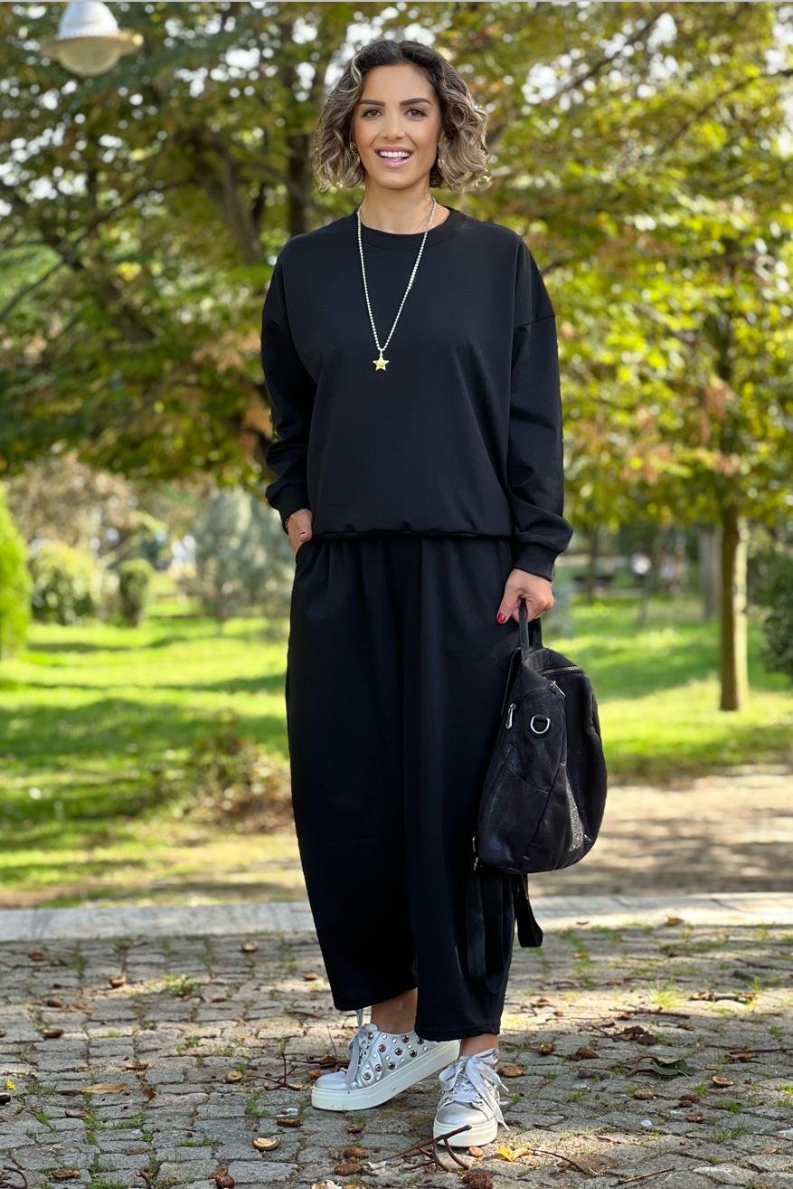 Siyah Basic Eşofman Takım - Bisiklet Yaka