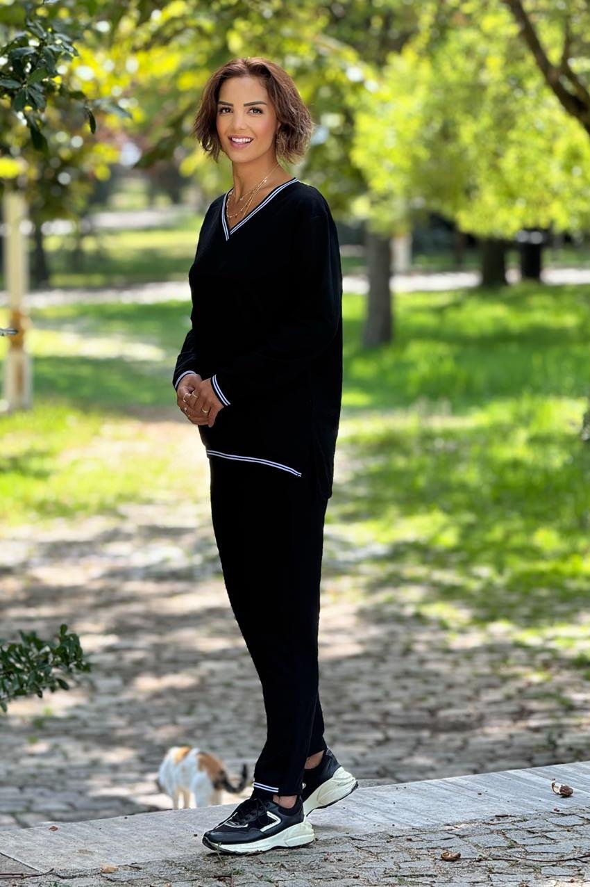 Siyah Beyaz Biyeli Uzun Kollu %100 Pamuk Takım