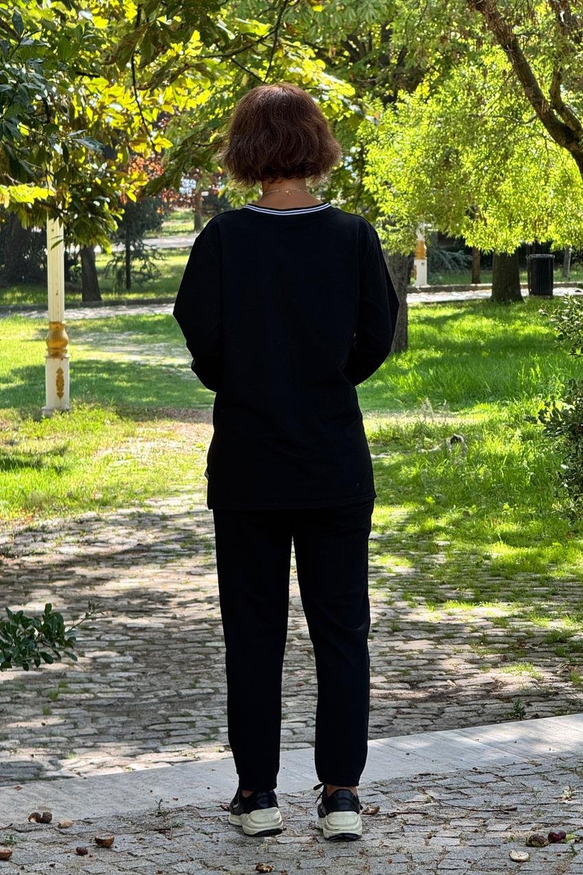 Siyah Beyaz Biyeli Uzun Kollu %100 Pamuk Takım