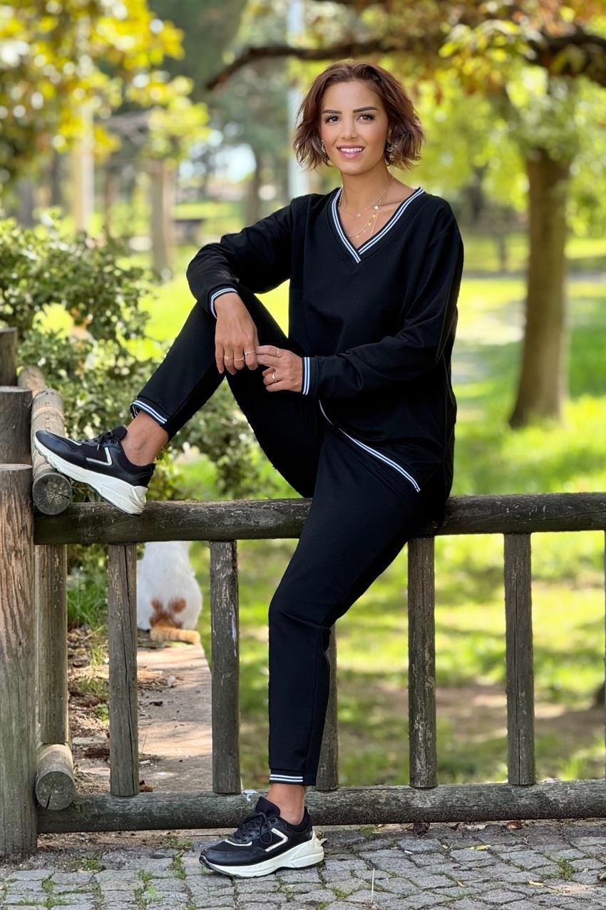 Siyah Beyaz Biyeli Uzun Kollu %100 Pamuk Takım