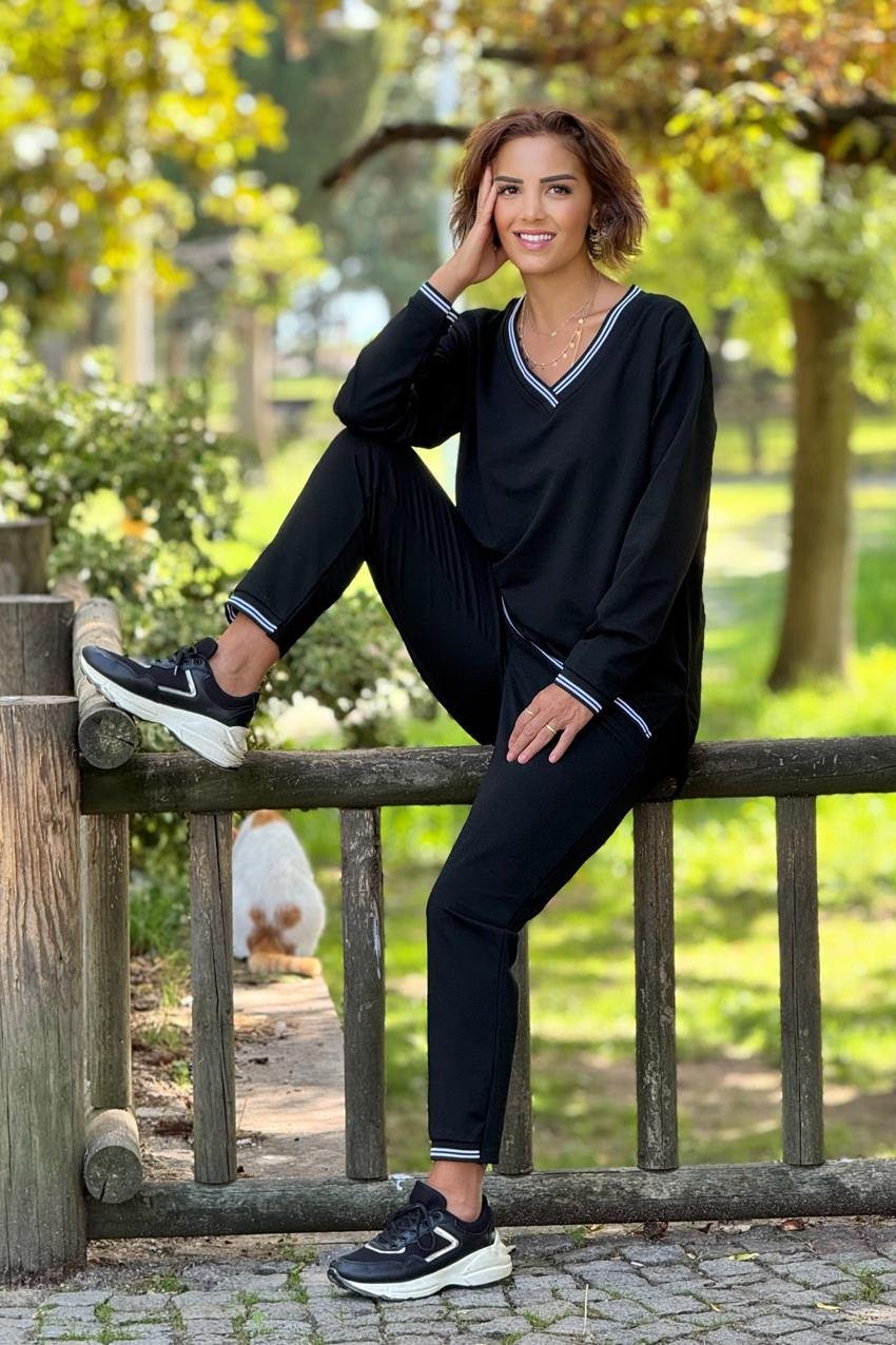 Siyah Beyaz Biyeli Uzun Kollu %100 Pamuk Takım