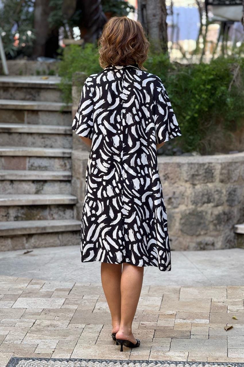 Siyah Beyaz Lal Desen Gömlek Yaka %100 Pamuk Viskon Elbise