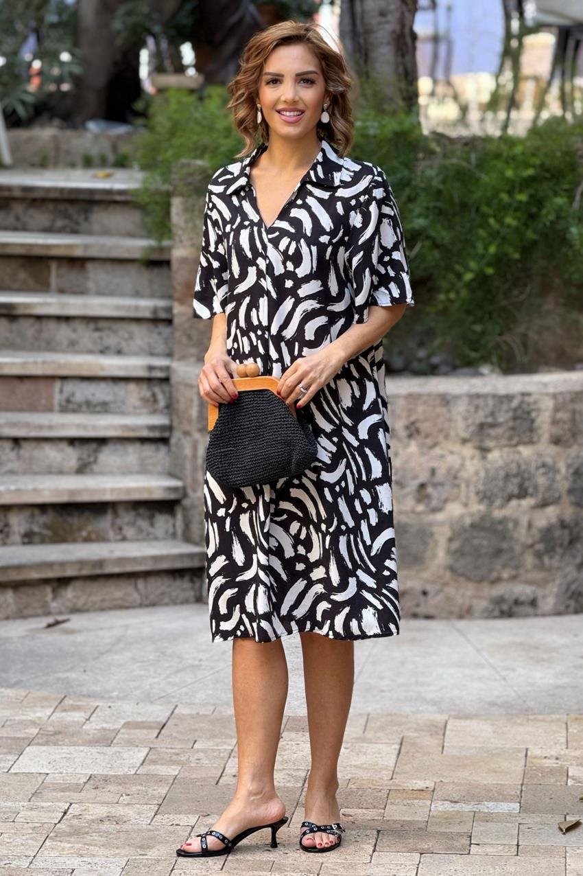 Siyah Beyaz Lal Desen Gömlek Yaka %100 Pamuk Viskon Elbise