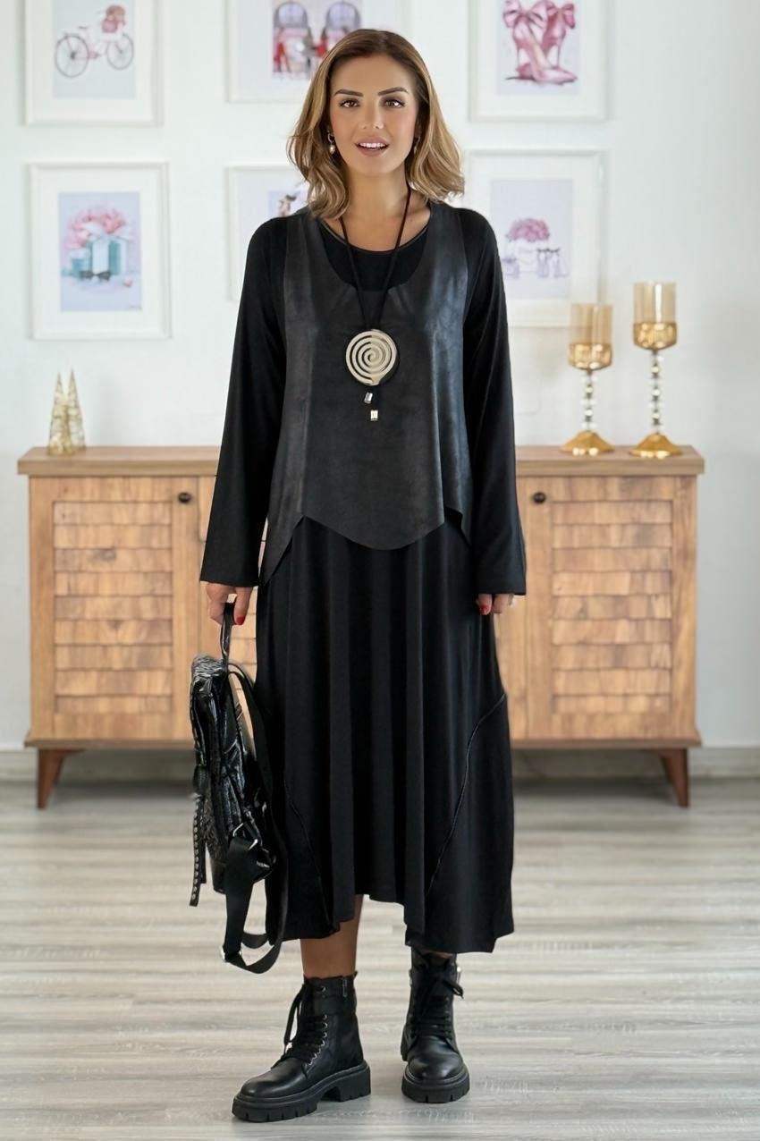 Siyah Bohem Elbise Deri Yelek ve Kolye Hediyeli