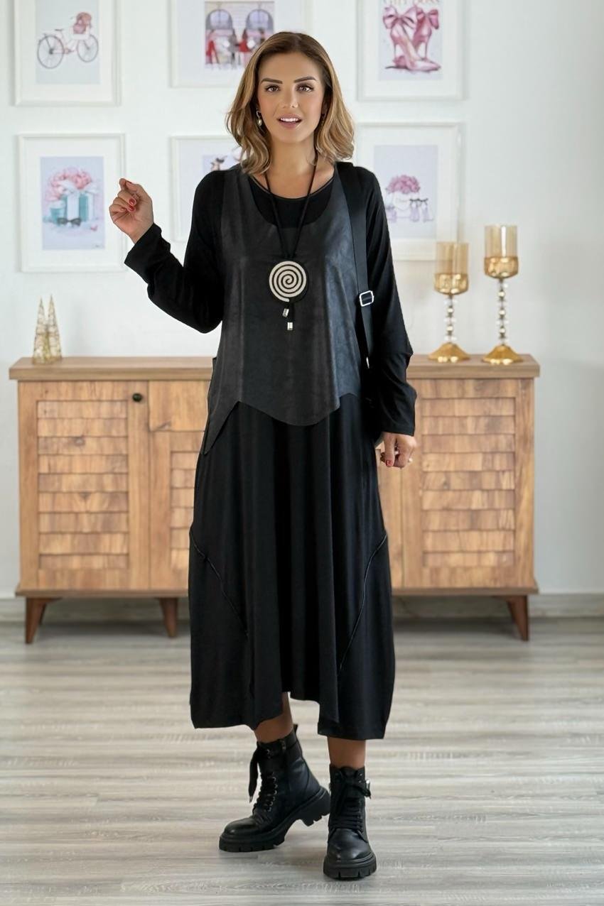 Siyah Bohem Elbise Deri Yelek ve Kolye Hediyeli