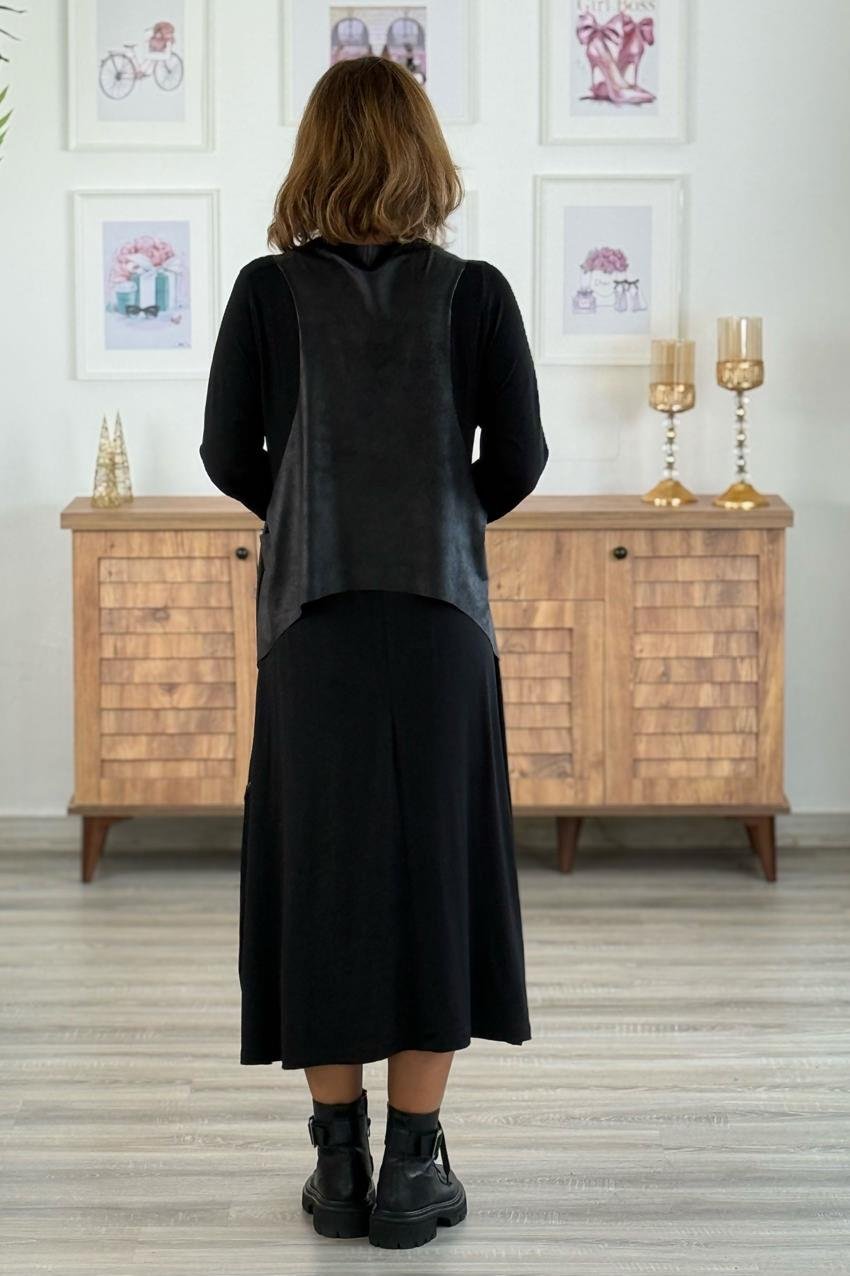 Siyah Bohem Elbise Deri Yelek ve Kolye Hediyeli