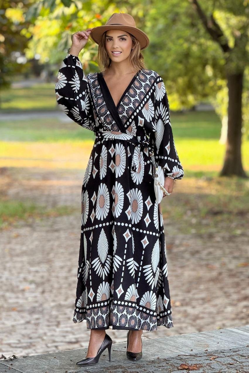 Siyah Boho Desenli Kruvaze Yaka Elbise
