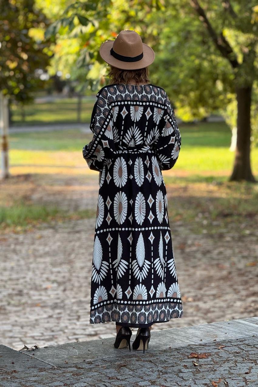 Siyah Boho Desenli Kruvaze Yaka Elbise