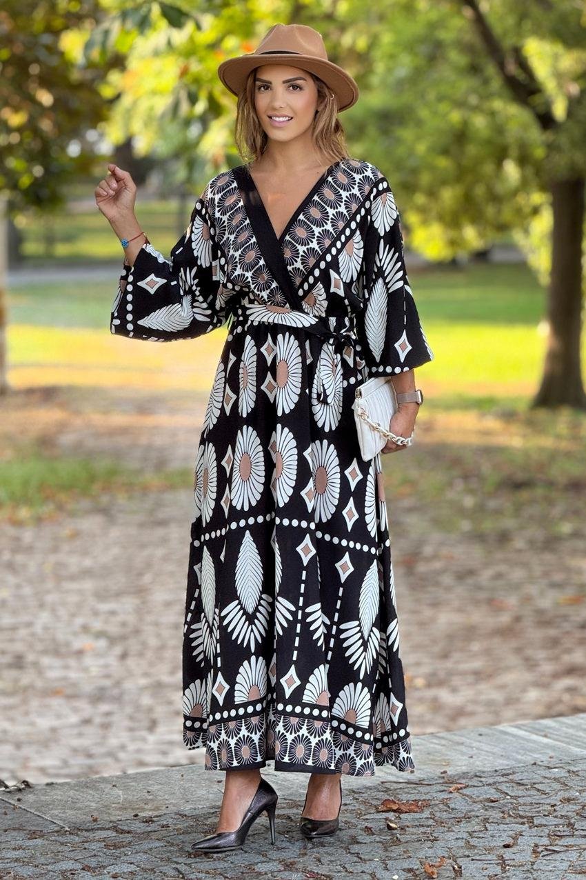 Siyah Boho Desenli Kruvaze Yaka Elbise