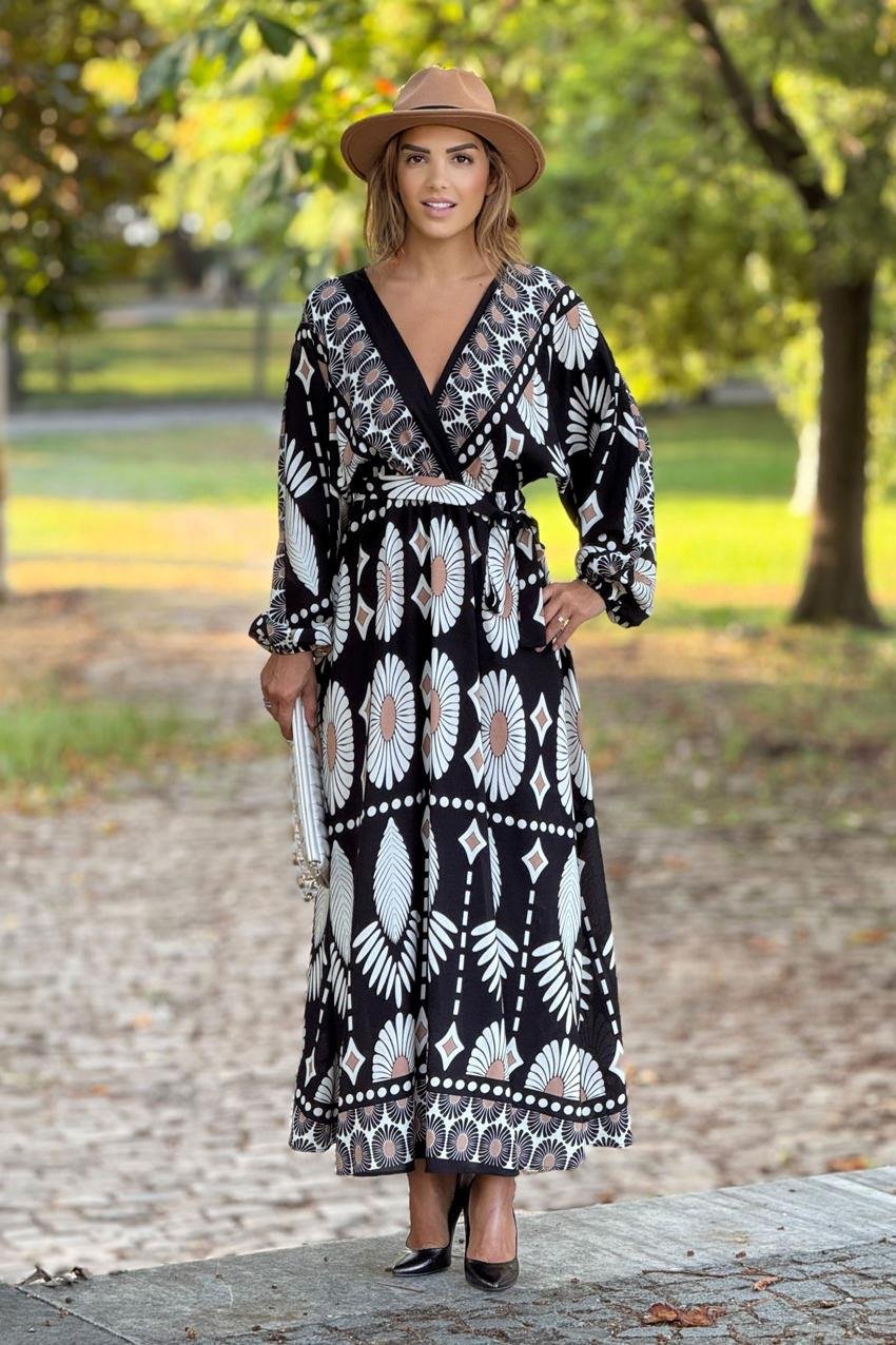 Siyah Boho Desenli Kruvaze Yaka Elbise