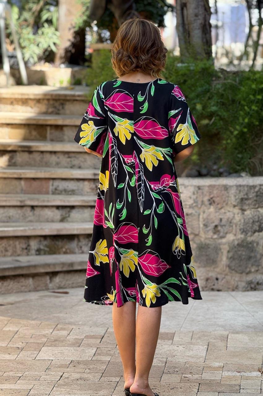 Siyah Botanik Kayık Yaka %100 Pamuk Viskon Elbise