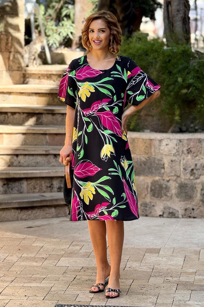 Siyah Botanik Kayık Yaka %100 Pamuk Viskon Elbise