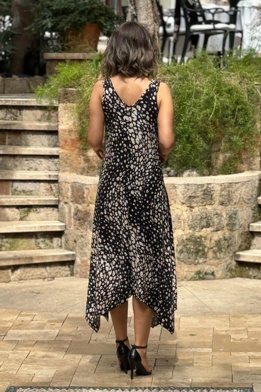 Siyah Çakıltaşı Desenli Tokalı Askılı Pamuklu Elbise