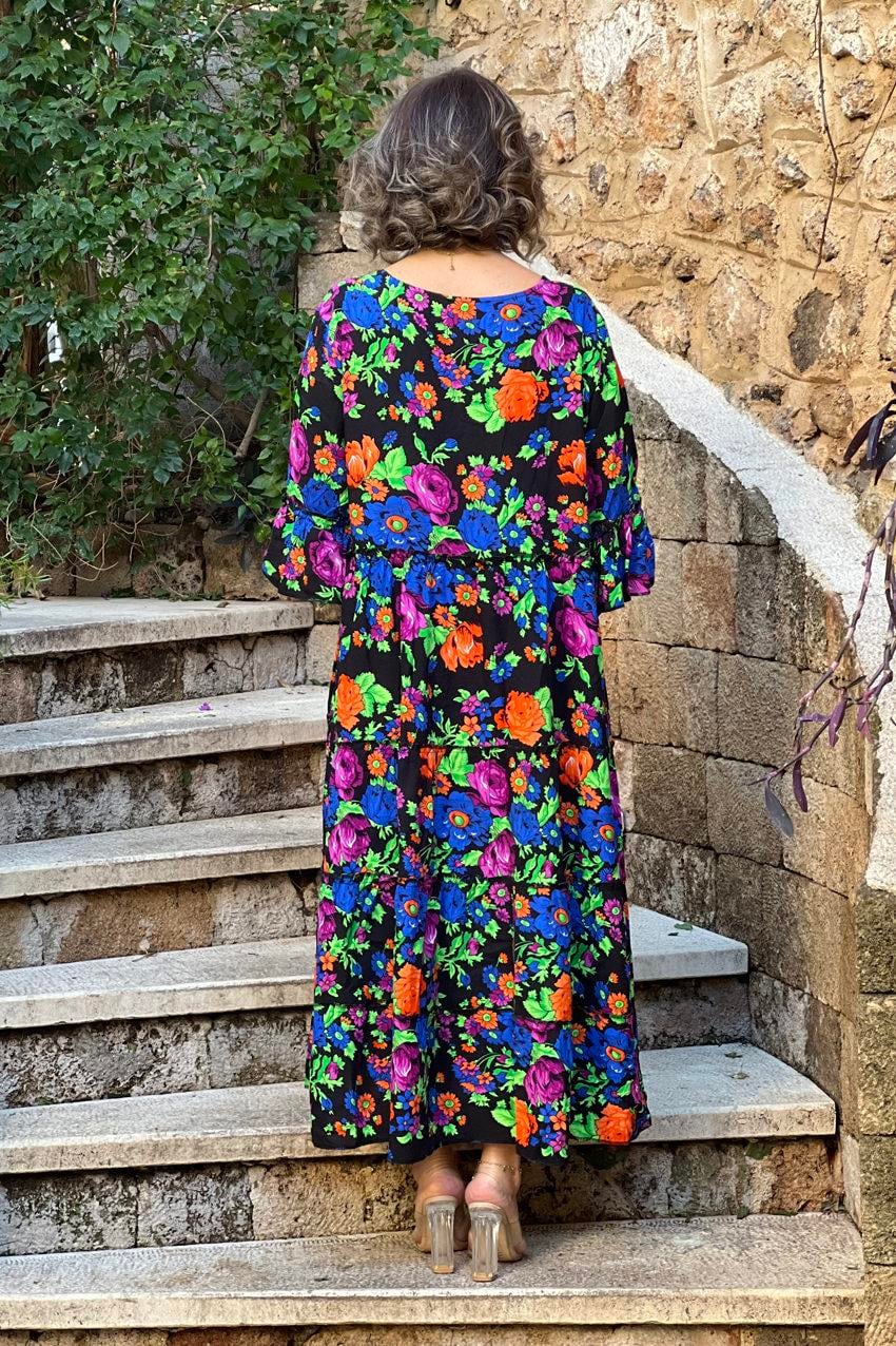 Siyah Çiçek Bahçesi Bohem Elbise