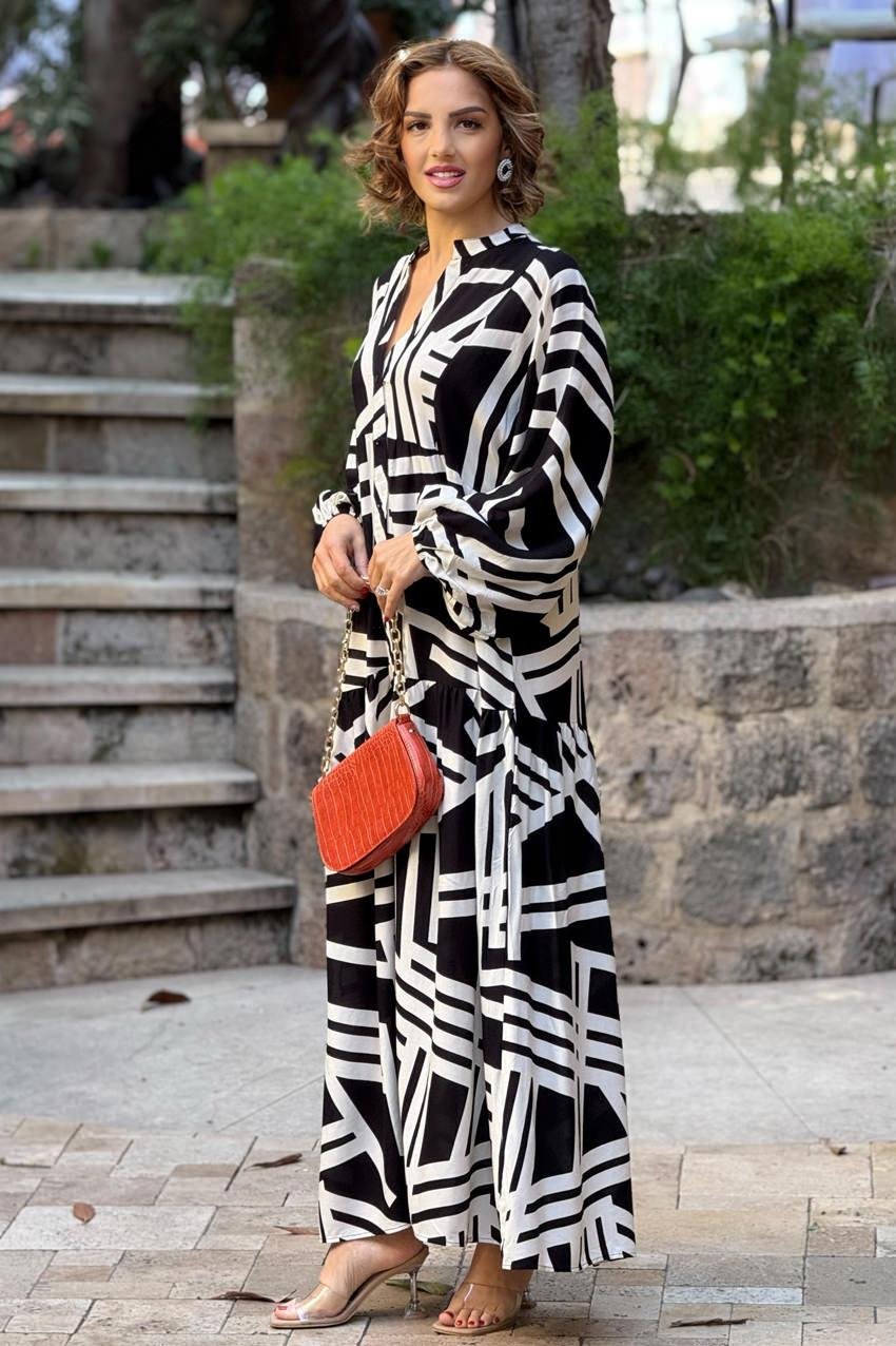 Siyah Çubuk Desenli %100 Pamuk Viskon Elbise