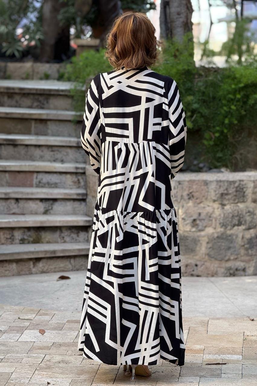 Siyah Çubuk Desenli %100 Pamuk Viskon Elbise