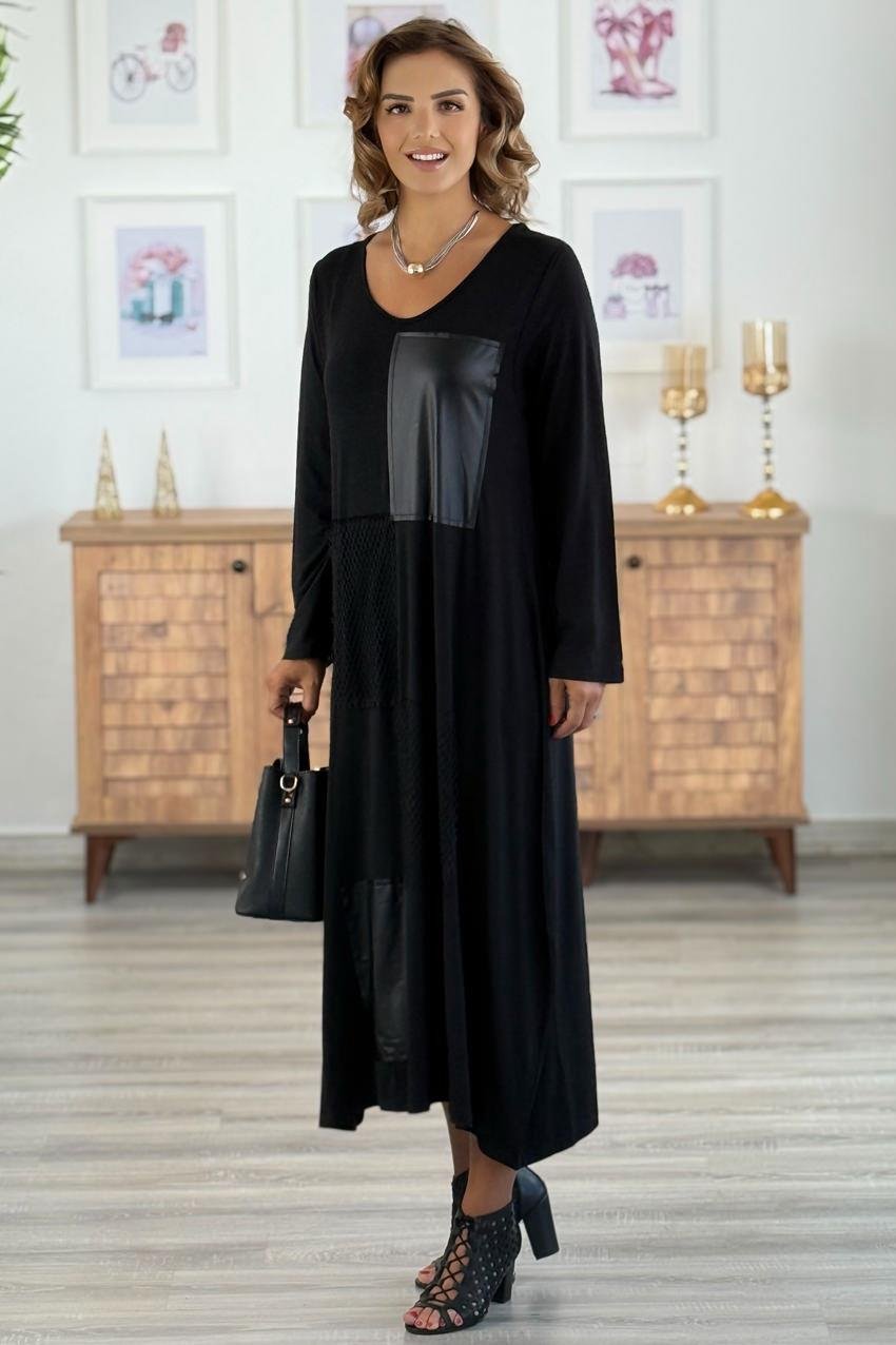 Siyah Dama Desenli Penye Viskon Elbise