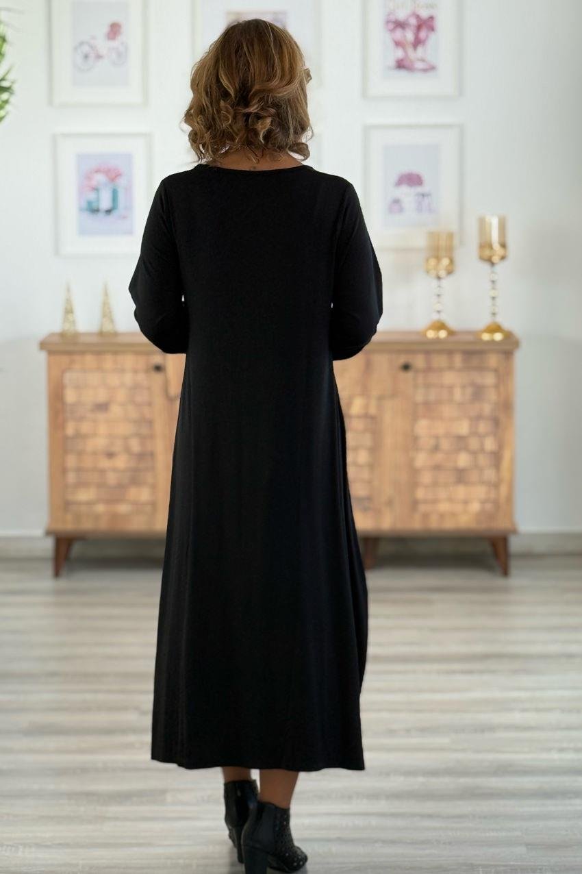 Siyah Dama Desenli Penye Viskon Elbise