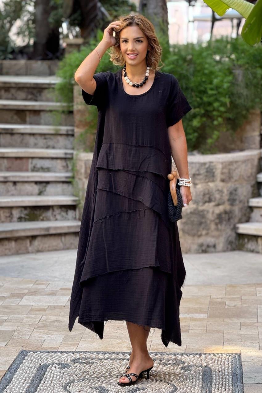 Siyah Datça Müslin Kumaş %100 Pamuk Elbise