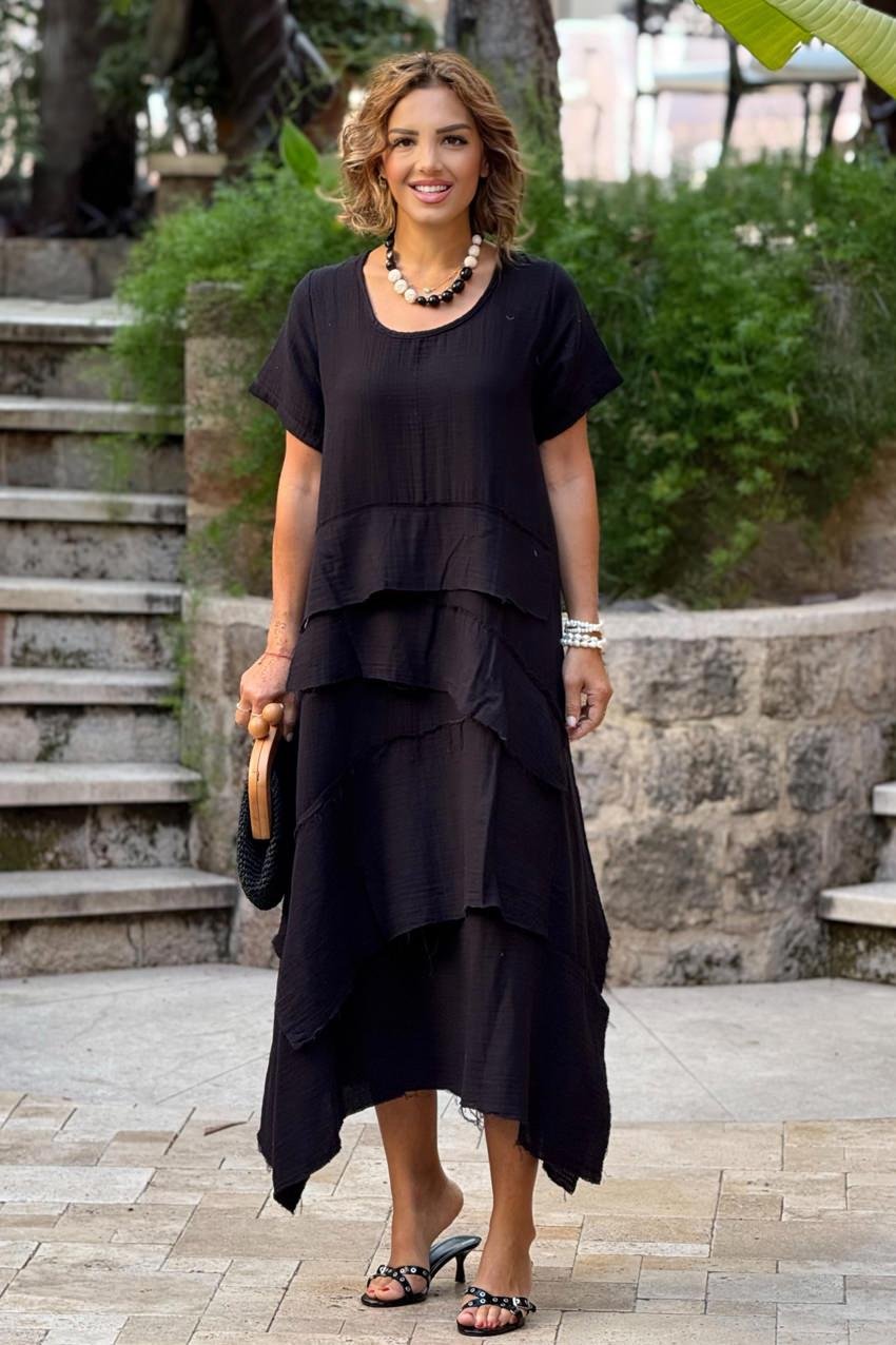 Siyah Datça Müslin Kumaş %100 Pamuk Elbise