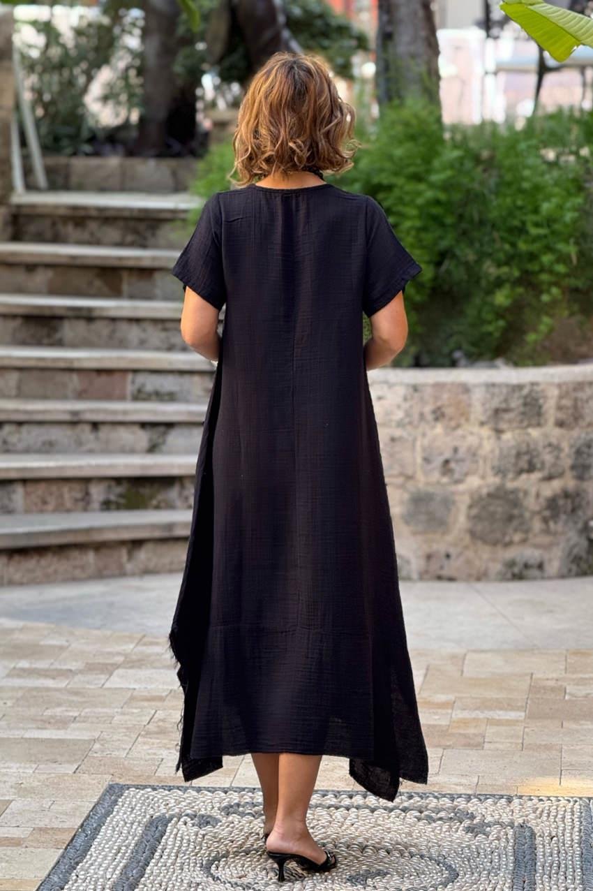 Siyah Datça Müslin Kumaş %100 Pamuk Elbise