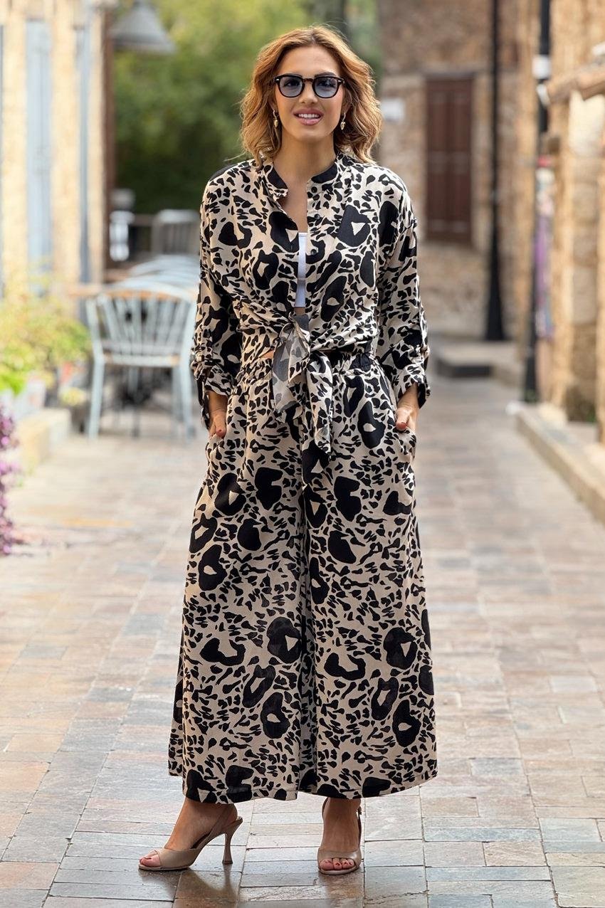 Siyah Desenli %100 Pamuk Pantolon Gömlek İkili Takım