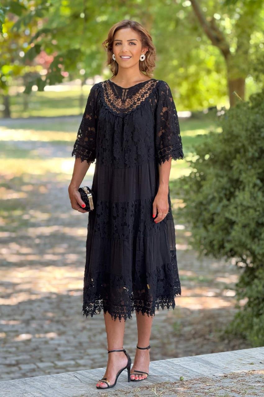 Siyah Dolce Notte Dantelli %100 Pamuk İtalyan Elbise
