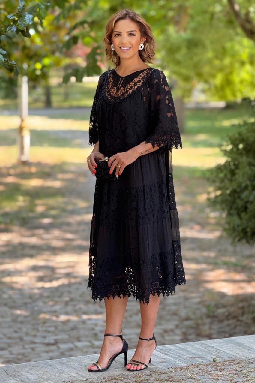Siyah Dolce Notte Dantelli %100 Pamuk İtalyan Elbise