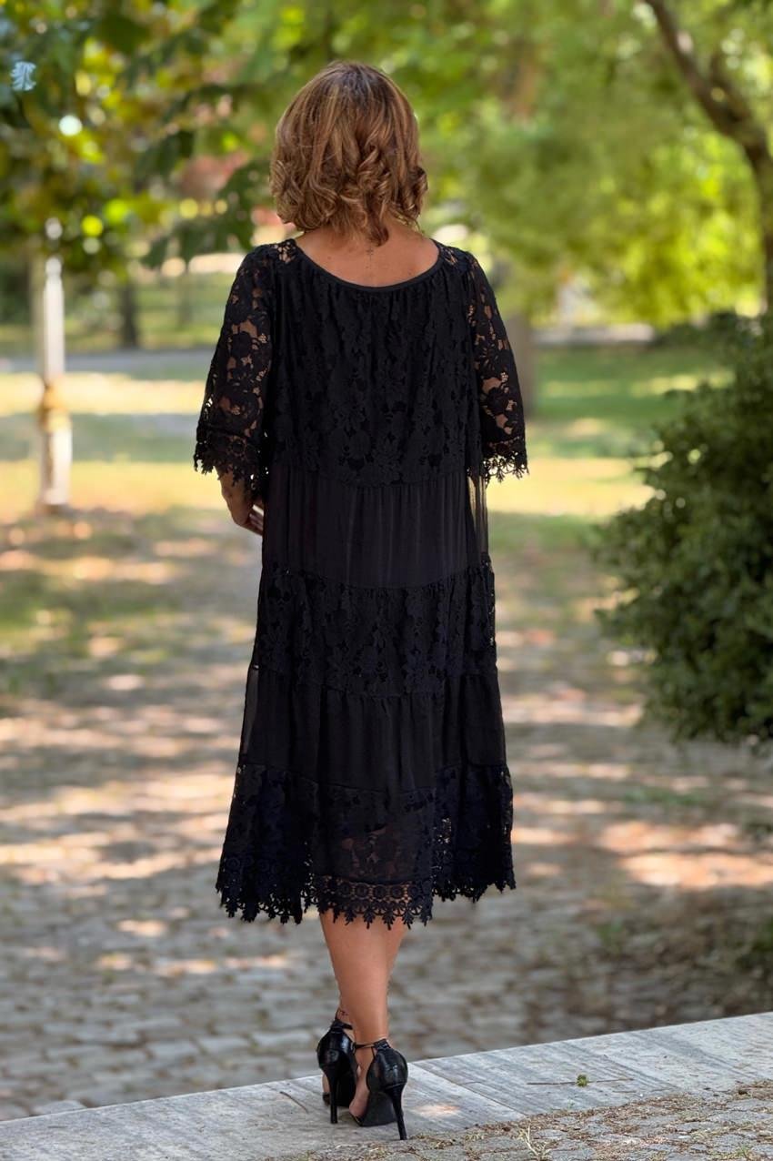 Siyah Dolce Notte Dantelli %100 Pamuk İtalyan Elbise