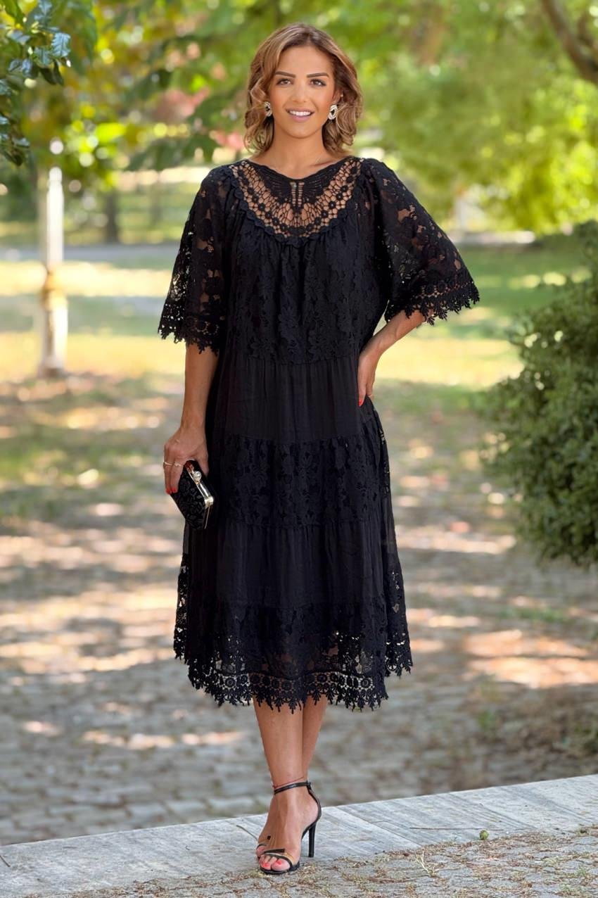 Siyah Dolce Notte Dantelli %100 Pamuk İtalyan Elbise
