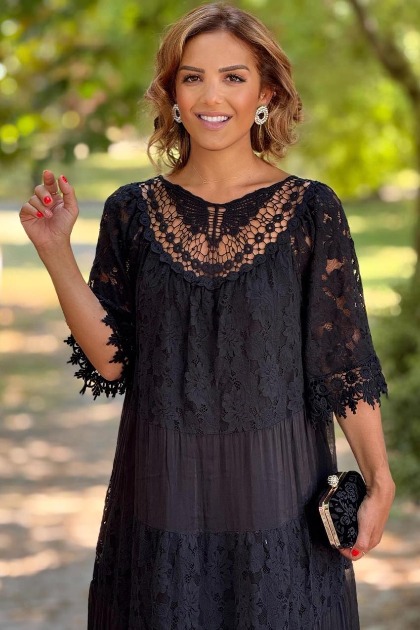 Siyah Dolce Notte Dantelli %100 Pamuk İtalyan Elbise