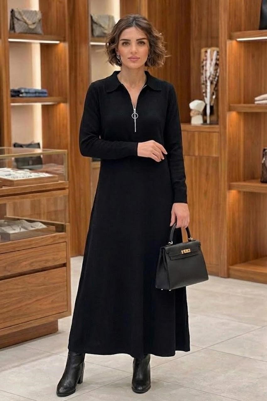 Siyah Elegance Modal Kumaş Fermuar Detaylı Elbise