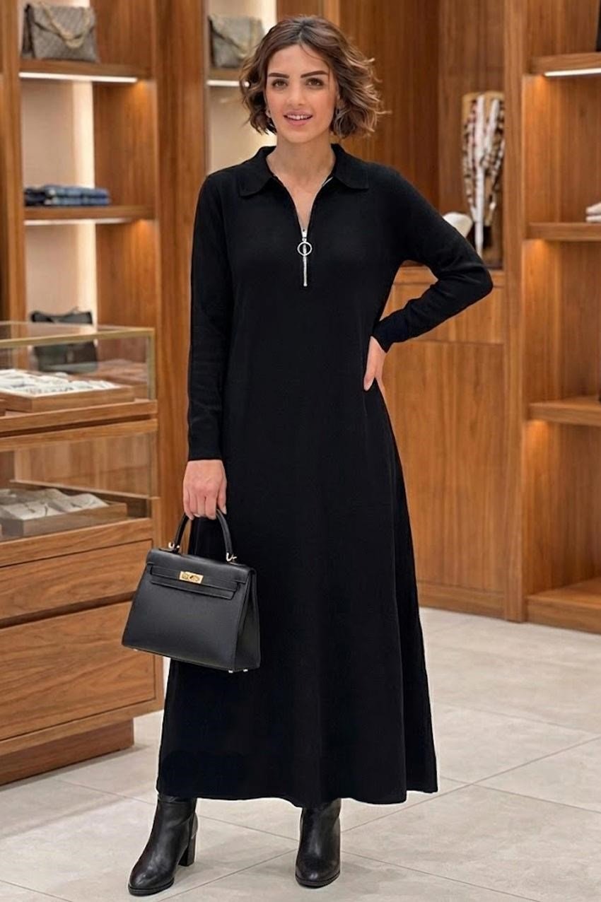 Siyah Elegance Modal Kumaş Fermuar Detaylı Elbise
