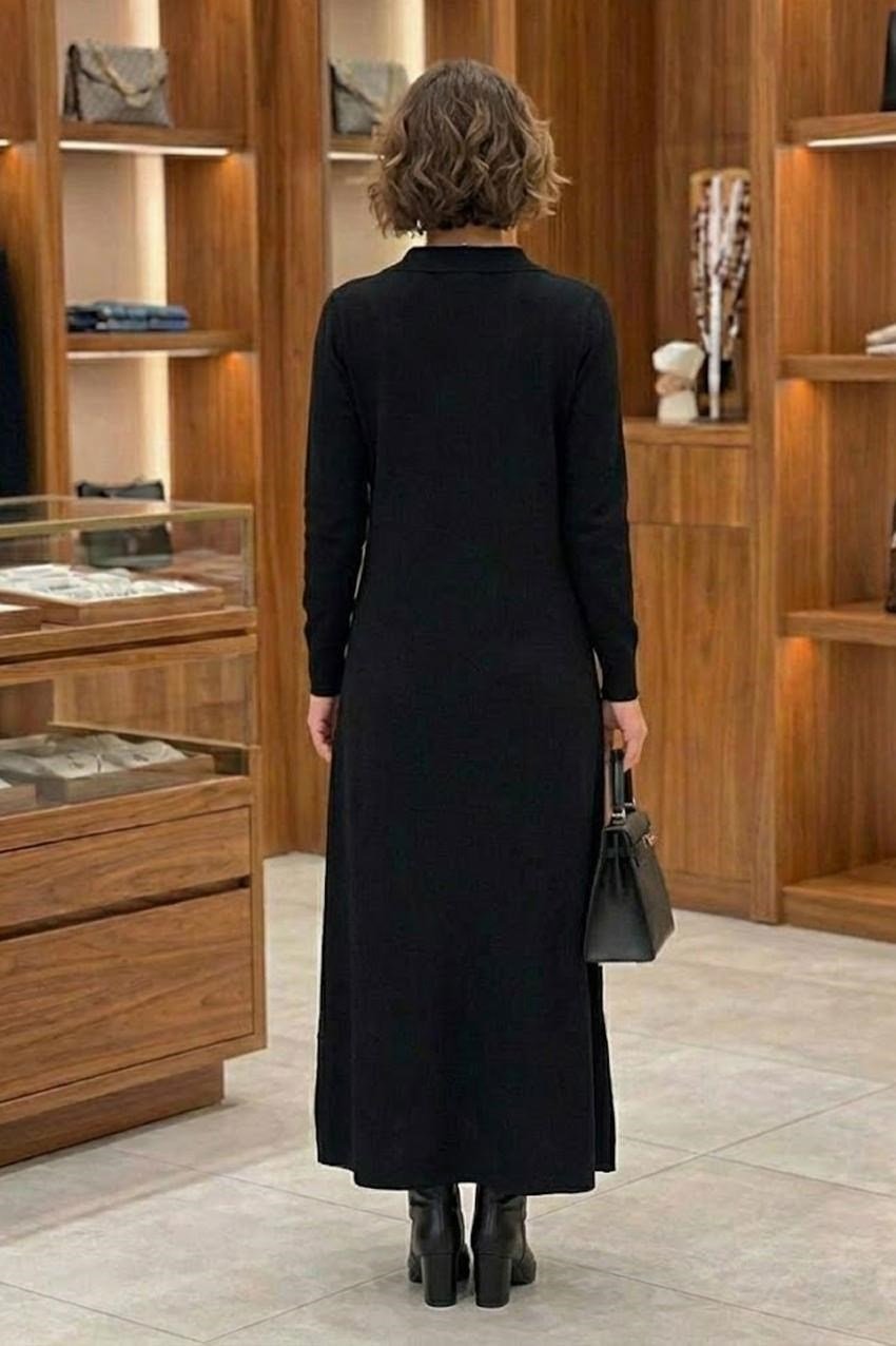 Siyah Elegance Modal Kumaş Fermuar Detaylı Elbise