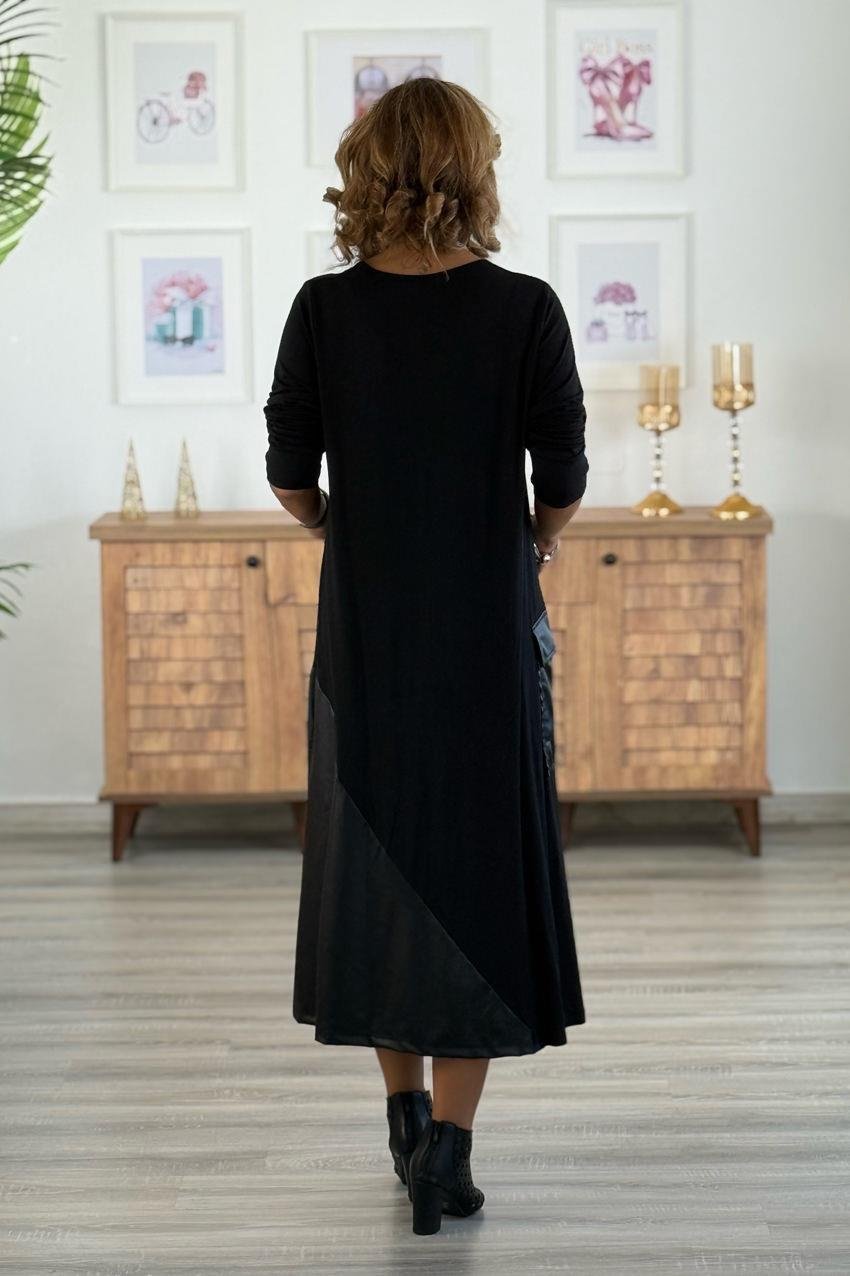 Siyah Etek Ucu Asimetrik Deri Kesimli Elbise