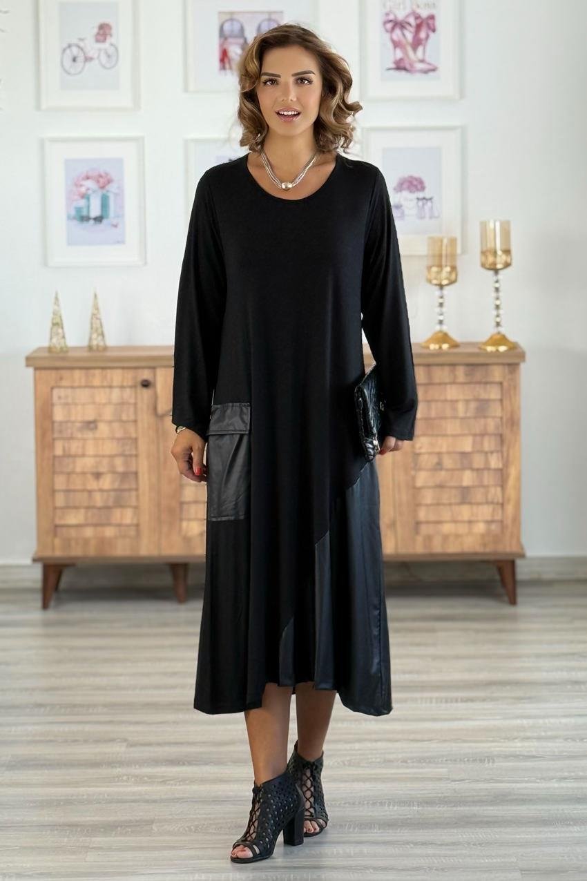 Siyah Etek Ucu Asimetrik Deri Kesimli Elbise