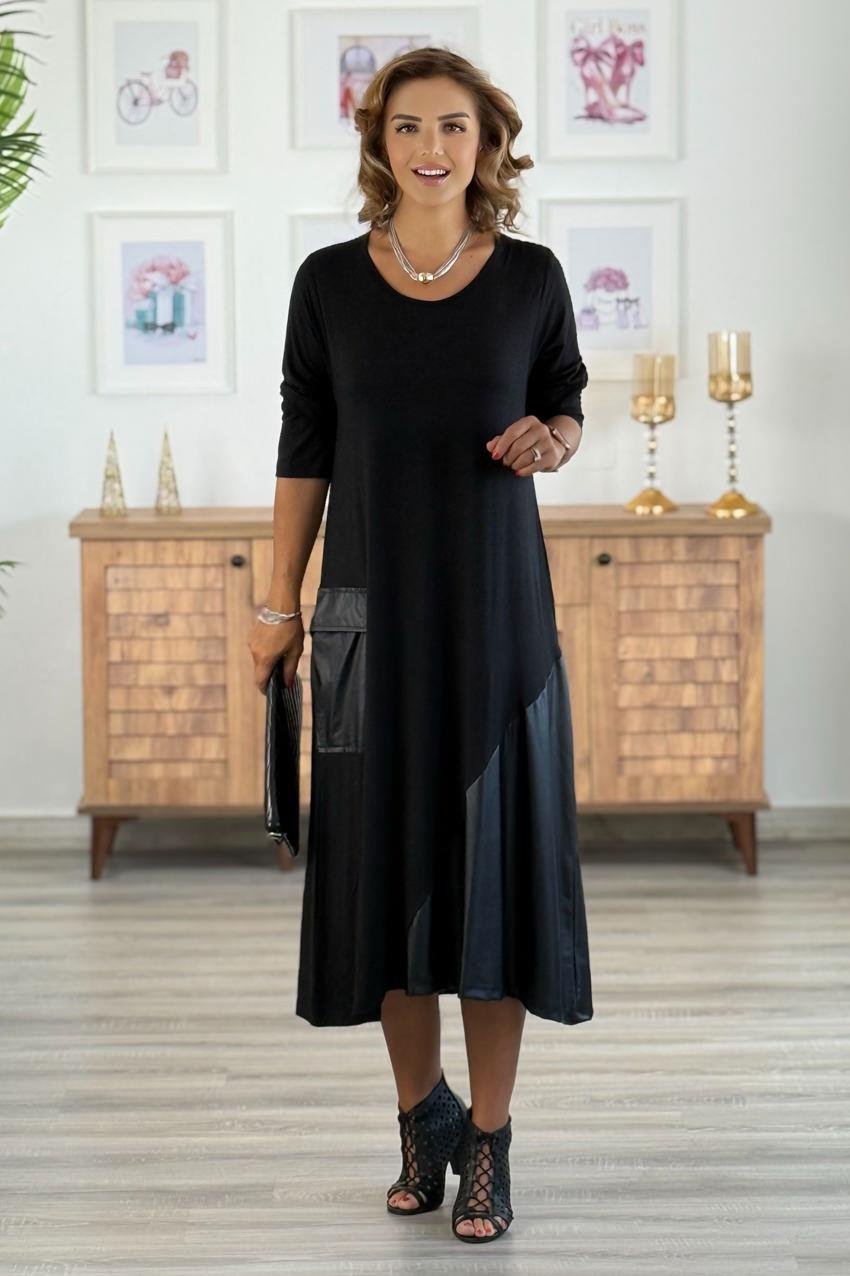 Siyah Etek Ucu Asimetrik Deri Kesimli Elbise