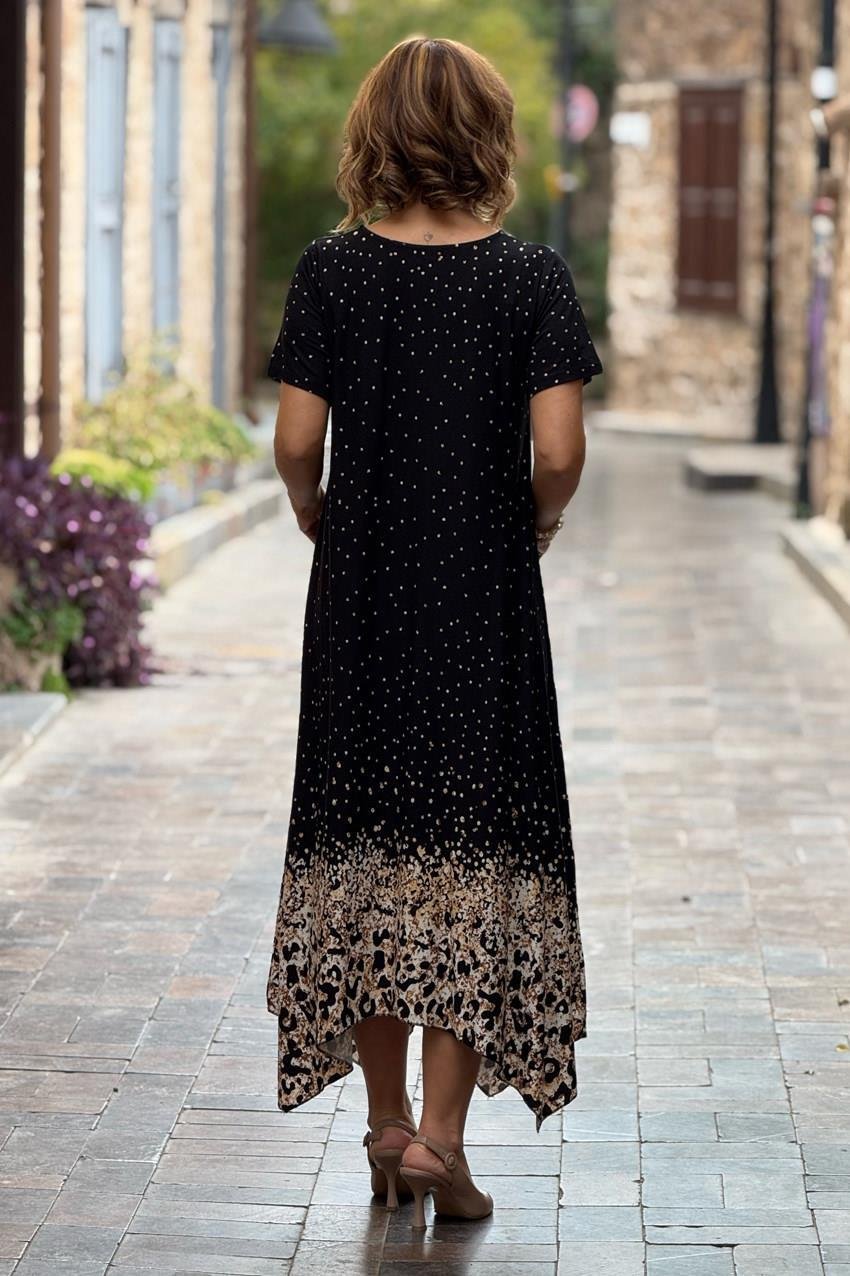 Siyah Etekleri Leopar Desen Verev Kesim Elbise