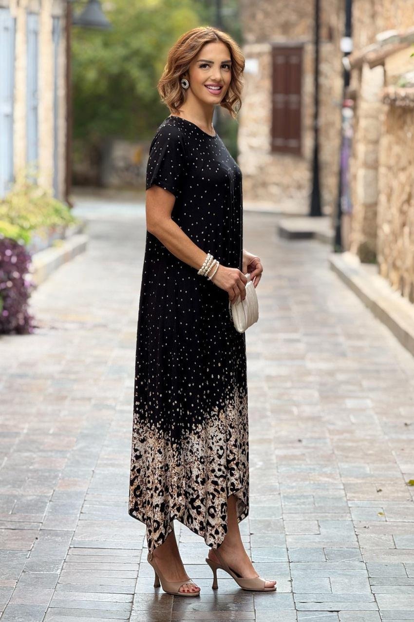 Siyah Etekleri Leopar Desen Verev Kesim Elbise
