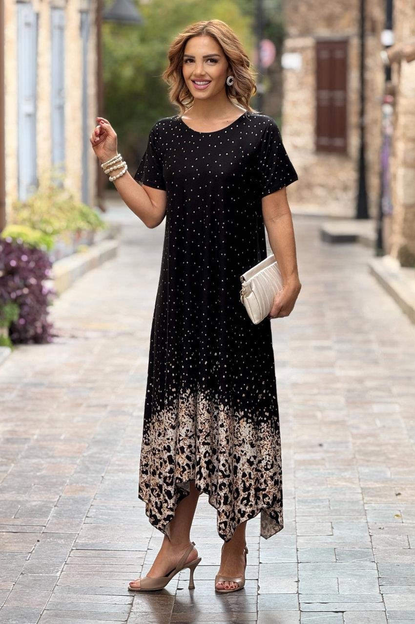Siyah Etekleri Leopar Desen Verev Kesim Elbise