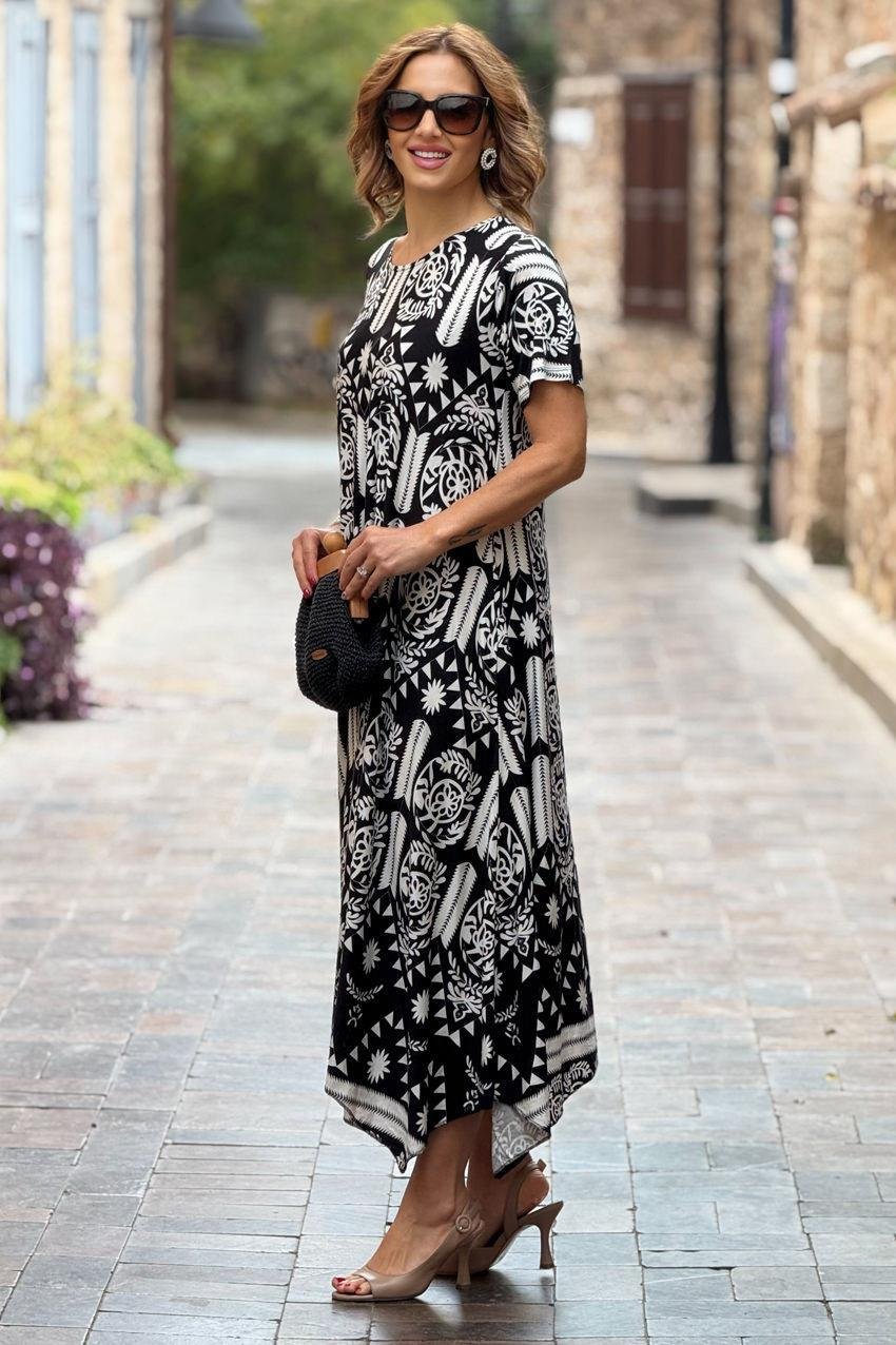 Siyah Etnik Desen Verev Kesim Elbise