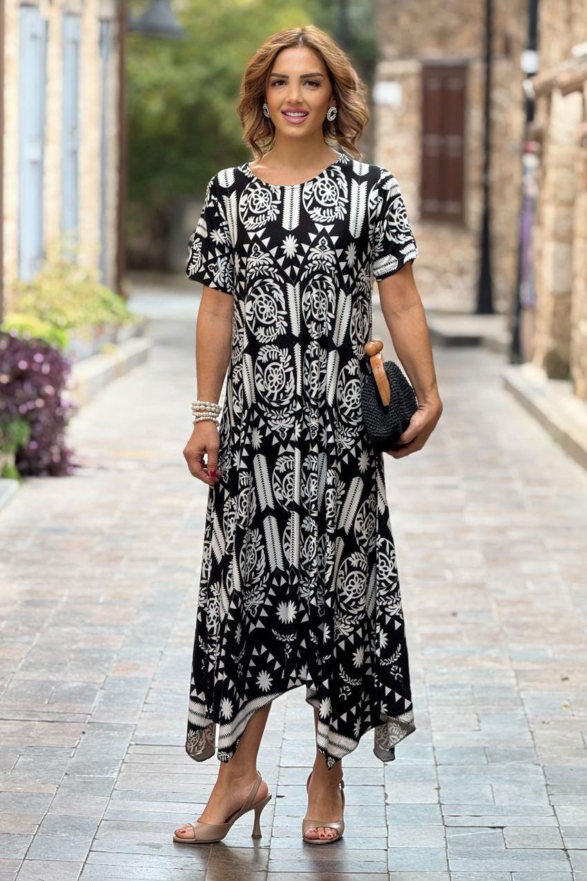 Siyah Etnik Desen Verev Kesim Elbise