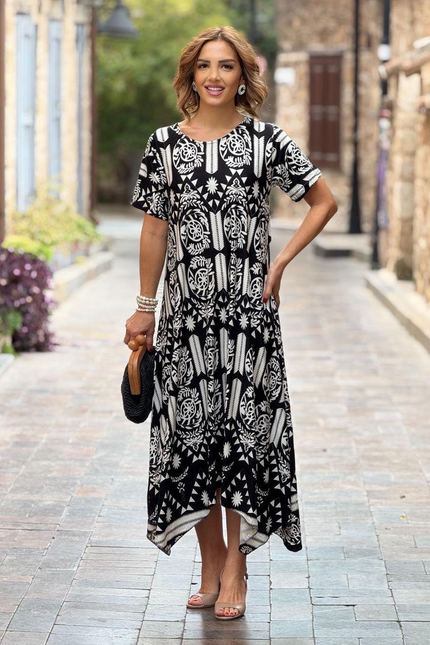 Siyah Etnik Desen Verev Kesim Elbise